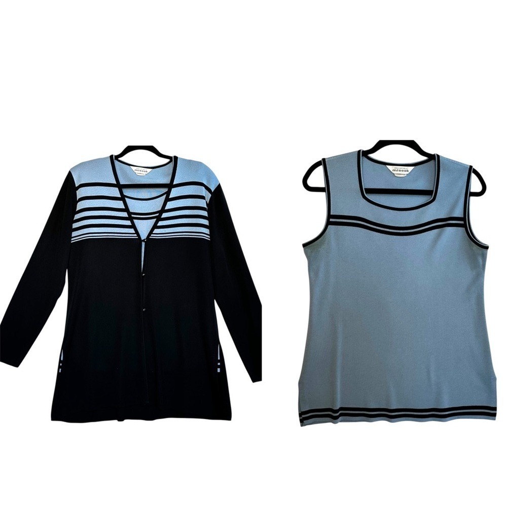 Misook Vintage Blue Black 2 Piece Tank Cardigan Set Size Small Made in Korea